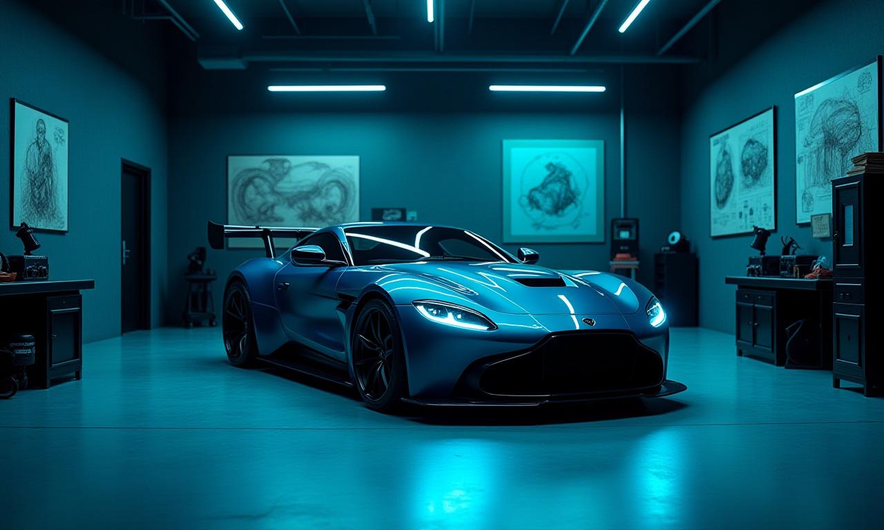 Hinterhofaufnahme eines elegant getunten Sportwagens in einer HydraCraft-Werkstatt, umgeben von Designer-Skizzen und technischen Zeichnungen. Die Atmosphäre ist hochprofessionell.