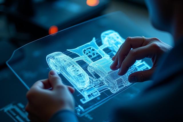 Nahaufnahme eines Ingenieurs, der eine detaillierte CAD-Zeichnung eines maßgefertigten Karosseriebausatzes überprüft.